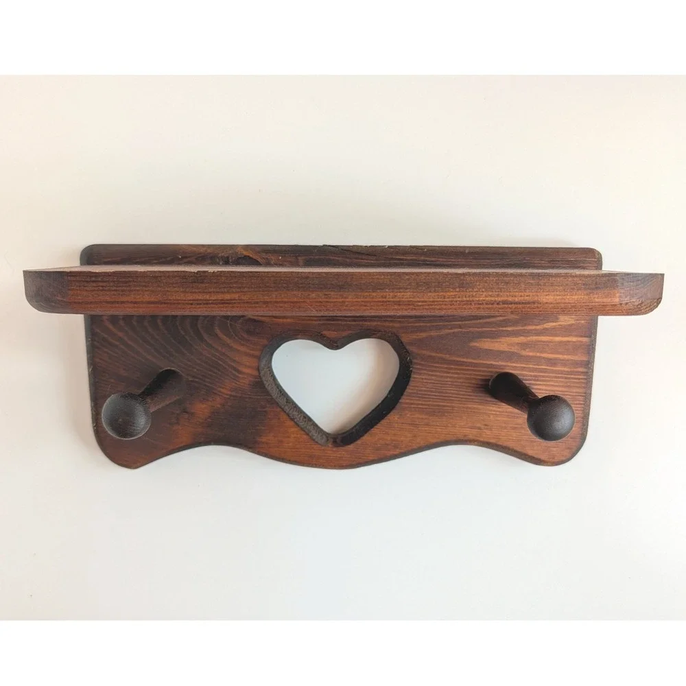 Rustic Wood Heart Shelf Cutout 2 Peg Coat Rack Farmhouse Cottagecore Dark Brown